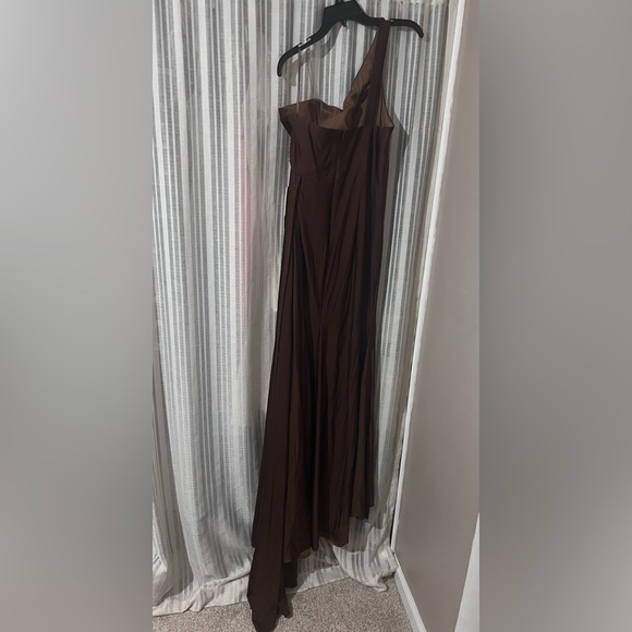 NEVER WORN: One shoulder Chocolate brown satin evening gown Size 10 - Picture 2 of 2